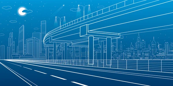 Automotive Isolation, Architektur und Infrastruktur Illustration, Transport-Überführung, Autobahn, weiße Linien städtische Szene, Nacht Stadt auf Hintergrund, dynamische Komposition, Vektor-Design-Kunst — Stockvektor