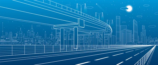 Isolamento automotivo, arquitetura e infra-estrutura ilustração, viaduto de transporte, rodovia, linhas brancas cena urbana, cidade noturna em segundo plano, composição dinâmica, arte de design vetorial —  Vetores de Stock