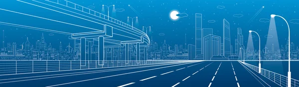 Automotive flyover, architectural and infrastructure panorama, transport overpass, highway. Business center, night city, towers and skyscrapers, white lines urban scene, vector design art — Stock Vector