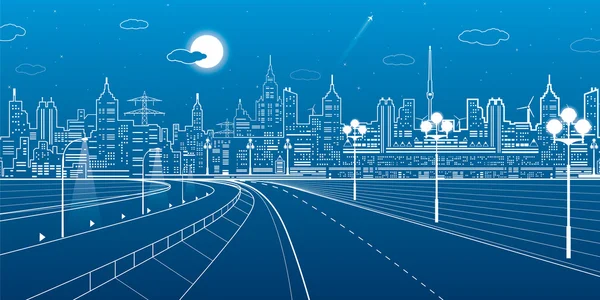 Scena di città, autostrada, skyline urbano, vita di strada, città al neon, linee bianche su sfondo blu, arte di progettazione vettoriale — Vettoriale Stock