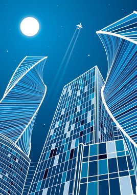 Uçan uçak. İşletme binası, modern gökdelenler, beyaz çizgiler mavi arka plan, neon şehir, vektör tasarım sanat
