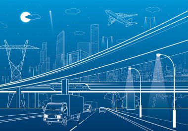 Araba Üstgeçit, altyapı, kentsel arsa, uçak alır kapalı, tren hareket köprüde, neon şehir arka plan üzerinde kamyon karayolu, beyaz çizgiler illüstrasyon, vektör tasarım sanat