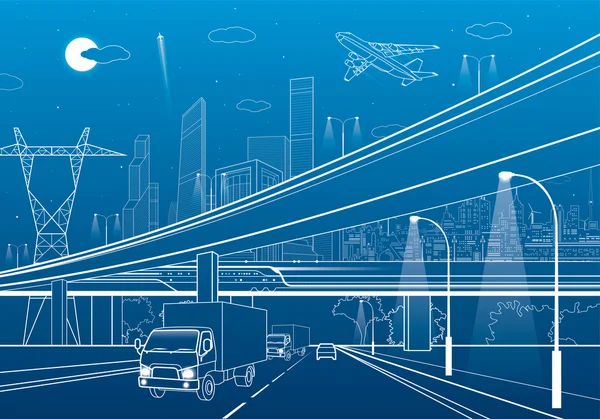 Overpass auto, infrastrutture, trama urbana, decollo aereo, treno si muovono sul ponte, città al neon sullo sfondo, camion in autostrada, linee bianche illustrazione, arte di progettazione vettoriale — Vettoriale Stock