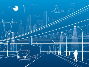 Araba Üstgeçit, altyapı, kentsel arsa, uçak alır kapalı, tren hareket ob köprü, neon şehir arka plan, Otoban, beyaz çizgiler illüstrasyon, vektör tasarım sanat kamyon üzerinde