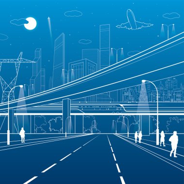 Araba Üstgeçit, altyapı, kentsel arsa, insanlar yürürken, insanlar, uçak alır kapalı, tren hareket ob köprü, modern şehir, beyaz çizgiler üzerinde mavi arka plan, vektör tasarım sanat