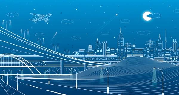 汽车立交桥，城市基础设施，市区地皮，飞机起飞，火车移动、 运输图、 山，蓝色背景，矢量设计艺术上的白线 — 图库矢量图片