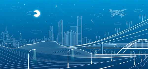 Auto viaduct, infrastructuur van de stad, stedelijke plot, vliegtuig neemt af, trein verplaatsen, vervoer illustratie, bergen, witte lijnen op blauwe achtergrond, vector design kunst — Stockvector