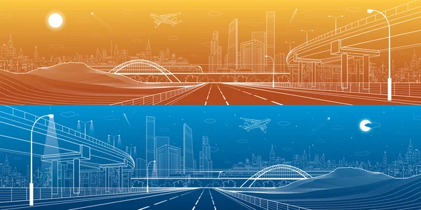 Panorama delle infrastrutture. Overpass auto, skyline della città, scena urbana, decollo aereo, mossa treno, illustrazione di trasporto, montagne, linee bianche su sfondo blu e arancione, arte di progettazione vettoriale — Vettoriale Stock