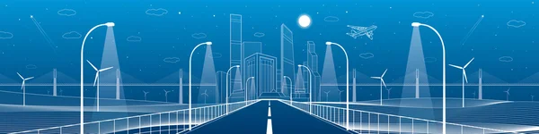 Infrastructure panorama. Highway. Road lighting lanterns. Business center, architecture and urban illustration, neon city, white lines composition, skyscrapers and towers, vector design art — Stock Vector