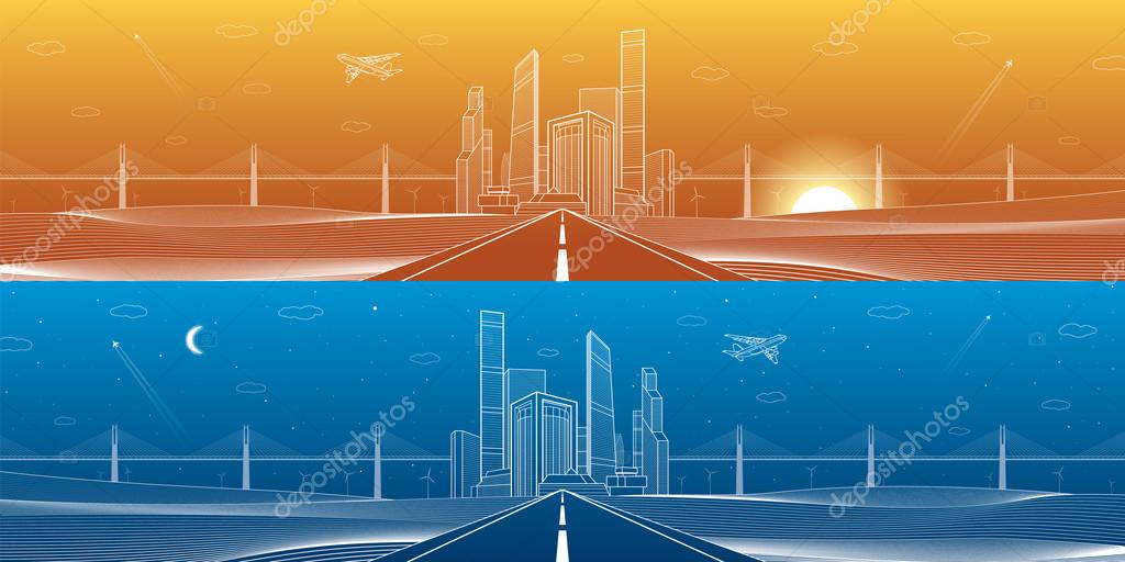 基础设施全景 公路 大桥 商务中心 建筑和城市图 霓虹城市 蓝色和橙色背景 摩天大楼和水塔 白线矢量设计艺术 图库矢量图像 C Panimoni 基础设施全景 公路 大桥 商务中心 建筑和城市图 霓虹城市 蓝色和橙色背景 摩天大楼和水塔 白线矢量设计艺术 图库矢量图像 C Panimoni