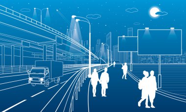 Otomotiv köprü, kamyon seyahatleri, mimari, altyapı ve ulaşım, ulaşım Üstgeçit, insanlar yürüyüş, reklam panoları, Otoban, beyaz çizgiler, kentsel sahne, gece city, vektör tasarım sanat