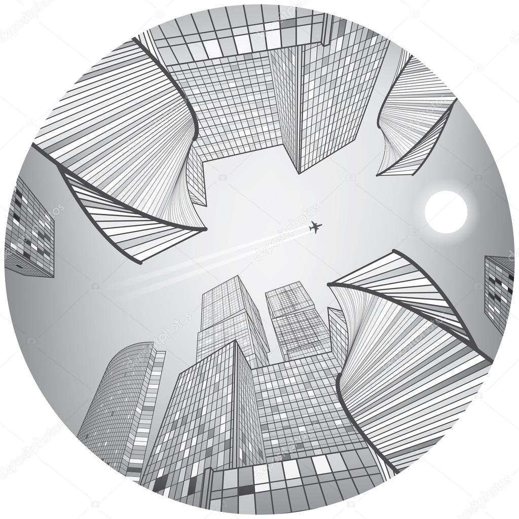 Business building, silver city, urban scene, infrastructure illustration, modern architecture, skyscrapers and towers, airplane flying, round composition, vector design art