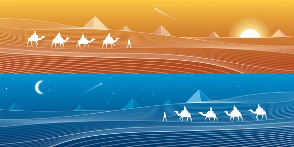 Caravana pasa por el desierto de arena, dunas, pirámides en el horizonte, líneas blancas sobre fondo azul, panorama diurno y nocturno, arte de diseño vectorial — Vector de stock