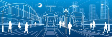 Şehir manzarası, insanlar sokakta yürüyor, yolcular tramvaydan ayrılıyor, gece kenti, aydınlık otoyol, arka planda geçiş köprüsü. Elektrikli taşıma. Ana hatlı vektör altyapısı çizimi