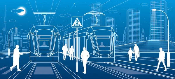 Городская Сцена Люди Идут Улице Пассажиры Покидают Трамвай Ночной Город — стоковый вектор