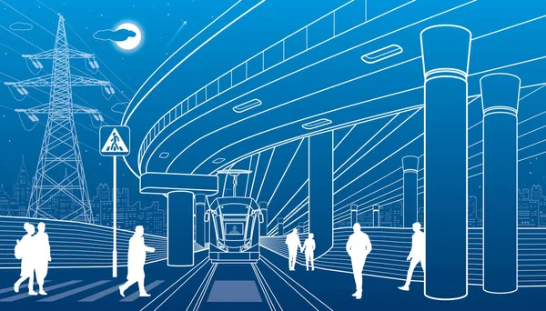 Городская Сцена Люди Идут Улице Трамвайные Прогулки Ночной Город Автомобильный — стоковый вектор