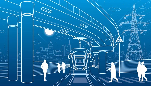 Szene Der Stadt Menschen Laufen Die Straße Hinunter Straßenbahnfahrten Nächtliche — Stockvektor