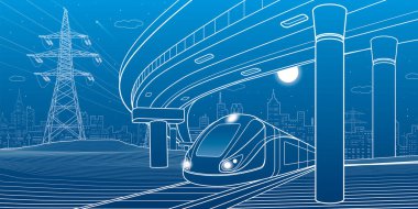 Şehir manzarası. Otomobil köprüsü, üstgeçit. Tren yolculukları. Arka planda Gece Şehri. Elektrikli taşıma. Ana hatlı vektör altyapısı çizimi