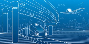 Şehir manzarası. Otomobil köprüsü, üstgeçit. Uçak uçar. Tren yolculukları. Arka planda Gece Şehri. Elektrikli taşıma. Ana hatlı vektör altyapısı çizimi