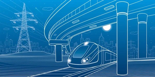 Großstadtszene Autobrücke Überführung Zugfahren Nächtliche Stadt Hintergrund Elektrischer Transport Darstellung — Stockvektor
