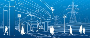 Şehir manzarası. Otomobil köprüsü, üstgeçit. Tramvay yolculuğu. Sokakta yürüyen insanlar. Arka planda Gece Şehri. Elektrikli taşıma. Güç hattı. Ana hatlı vektör altyapısı çizimi