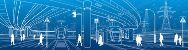 City scene. Automobile bridge, overpass. Tram rides. People walking at street. Night city on background. Electric transport. Power line. Outline vector infrastructure illustration. White lines sketch.