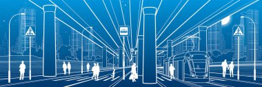 Şehir manzarası. Şehir çevresi. Otomobil köprüsü, üstgeçit. Tramvay yolculuğu. Sokakta yürüyen insanlar. Arka planda Gece Şehri. Elektrikli taşıma. Ana hatlı vektör altyapısı çizimi. Beyaz çizgiler 