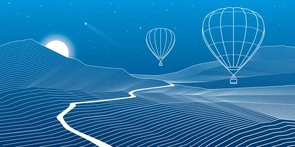热气球飞越高山 沙丘中的高速公路 岩石后面的日落 蓝色背景上的白线矢量设计纲要艺术 — 图库矢量图片