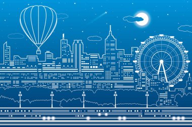 Şehrin üzerinde uçan sıcak hava balonları. Dönme dolap. Kasabanın arkasında gün batımı. Gece sahnesi. Mavi arka planda beyaz çizgiler. Vektör tasarım sanatı