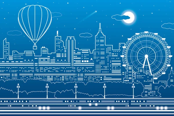 Hot Air Balloons Flying City Ferris Wheel Sunset Town Night — Stock Vector