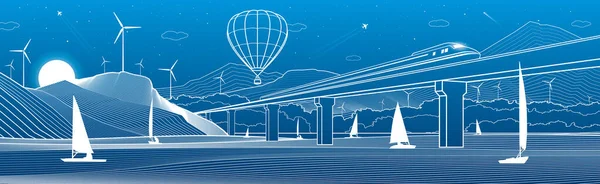 Illustration Des Grandes Lignes Vue Rivière Ville Nocturne Ballon Volant — Image vectorielle