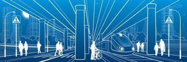 İnsanlar üst geçidin altından geçiyor. Büyük otoyol. Tren yolculukları. Modern gece kasabası. Şehir ulaşımı. Büyük köprü. Endüstriyel taslak çizimi. Mavi arka planda beyaz çizgiler. Vektör tasarım sanatı