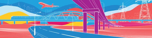 Красочный Яркий Пейзаж Инфраструктура Транспортная Иллюстрация Автомобильный Эстакада Поезд Едет — стоковый вектор