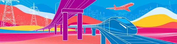 Красочный Яркий Пейзаж Инфраструктура Транспортная Иллюстрация Автомобильный Эстакада Поезд Едет — стоковый вектор