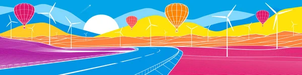 Bunte Helle Berglandschaft Illustration Luftballons Fliegen Über Die Autobahn Weiße — Stockvektor