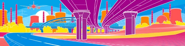 Красочный Яркий Промышленный Пейзаж Инфраструктура Транспортная Иллюстрация Автомобильный Эстакада Поезд — стоковый вектор