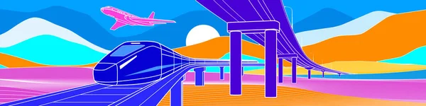 Colorful Bright Landscape Infrastructure Transport Illustration Car Overpass Train Rides — Stock Vector