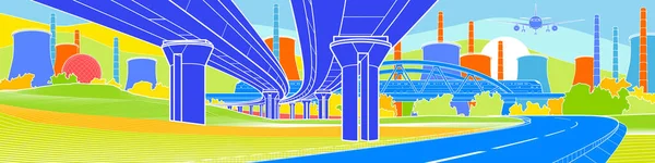 Colorido Paisaje Brillante Industria Ilustración Infraestructuras Transportes Paso Elevado Del — Archivo Imágenes Vectoriales