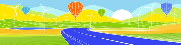 Bunte Helle Berglandschaft Illustration Luftballons Fliegen Über Die Autobahn Weiße — Stockvektor