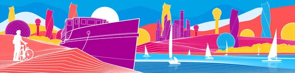 Городская Инфраструктура Цветной Панорамный Иллюстрационный Пейзаж Корабль Приземлился Берегу Моря — стоковый вектор