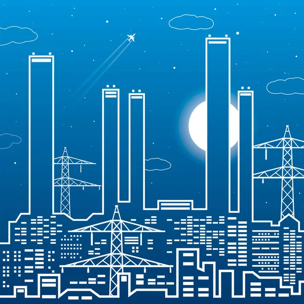 Outlines Power Plant Energy Industry Illustration Urban Night Scene Factory — Stock Vector