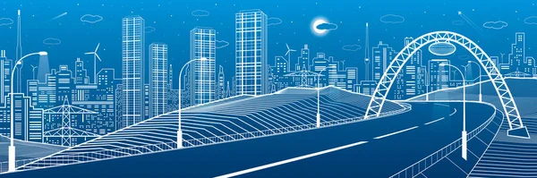 Autopista Bajo Puente Ciudad Nocturna Moderna Ciudad Neón Infraestructura Esquemas — Archivo Imágenes Vectoriales