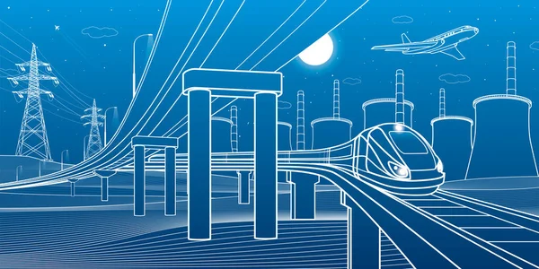 概要道路橋 車の陸橋 電車に乗る 都市インフラと交通イラスト 都会の風景 ベクトルデザインアート 青い背景の白い線 — ストックベクタ