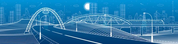 Autostrada Sotto Ponte Viaggi Treno Moderna Citta Notturna Neon Infrastrutture — Vettoriale Stock