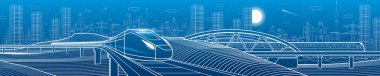 Çoğu yol-7-5 Modern gece kasabası, neon kasaba panoramiği. Tren yolculukları. Şehir Altyapısı ve ulaşım illüstrasyonları. Şehir manzarası. Vektör tasarım sanatı. Mavi arkaplanda beyaz çizgiler
