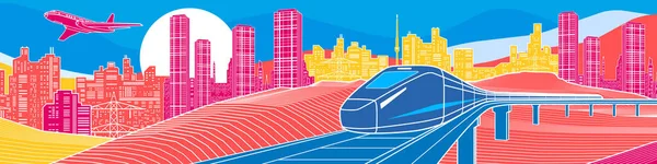 Красочный Яркий Пейзаж Инфраструктура Транспортная Иллюстрация Поезда Железнодорожному Мосту Самолет — стоковый вектор