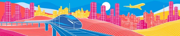Красочный Яркий Пейзаж Инфраструктура Транспортная Иллюстрация Поезда Железнодорожному Мосту Самолет — стоковый вектор