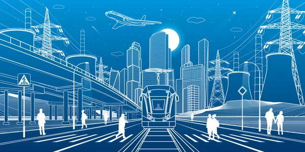 Широкое Шоссе Современный Ночной Город Городская Энергосистема Трамвай Едет Автомобильный — стоковый вектор
