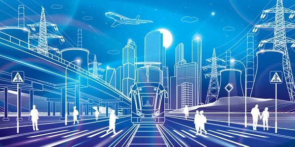Geniş Yol Modern Gece Neon Kasabası Şehir Enerji Sistemi Tramvay — Stok Vektör