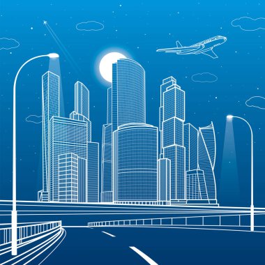 Geniş ışıklı otoyol. Modern gece kasabası. Araba üst geçidi. Altyapı, illüstrasyon ve şehir manzarasını özetliyor. Mavi arka planda beyaz çizgiler. Vektör tasarım sanatı 